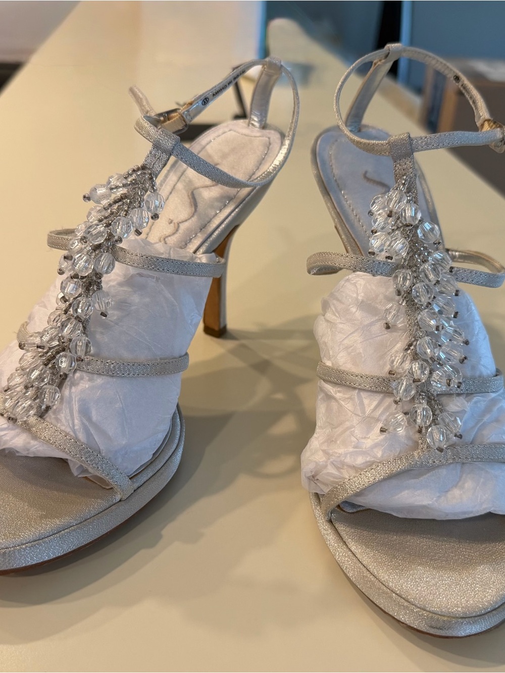 Beautiful Nina Silver Crystal T-Strap Heeled Sandals